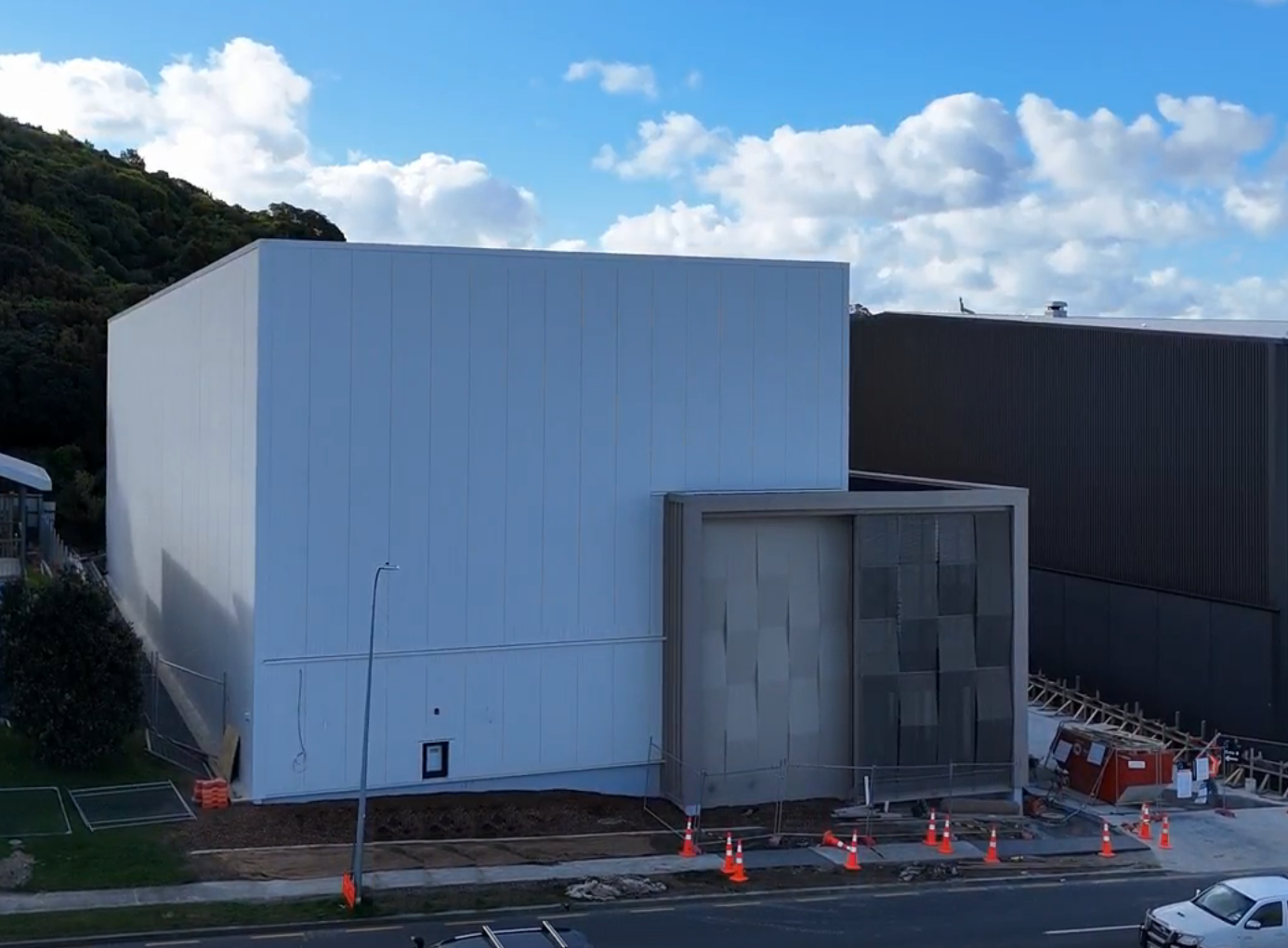 Outside cladding and solar panels complete on Grace Removals' new Porirua building, Wellington Sept 2026